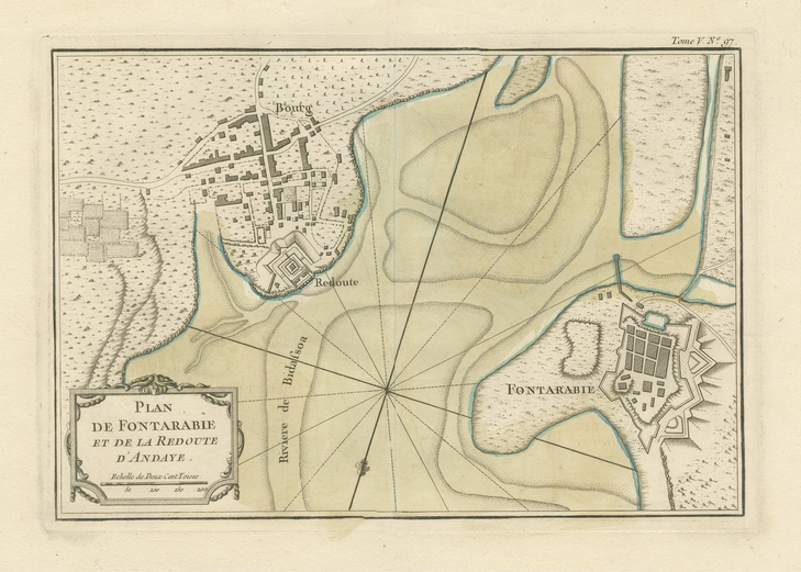 Mapa antiguo de Hondarribia cerca del río Bidasoa Francia y España